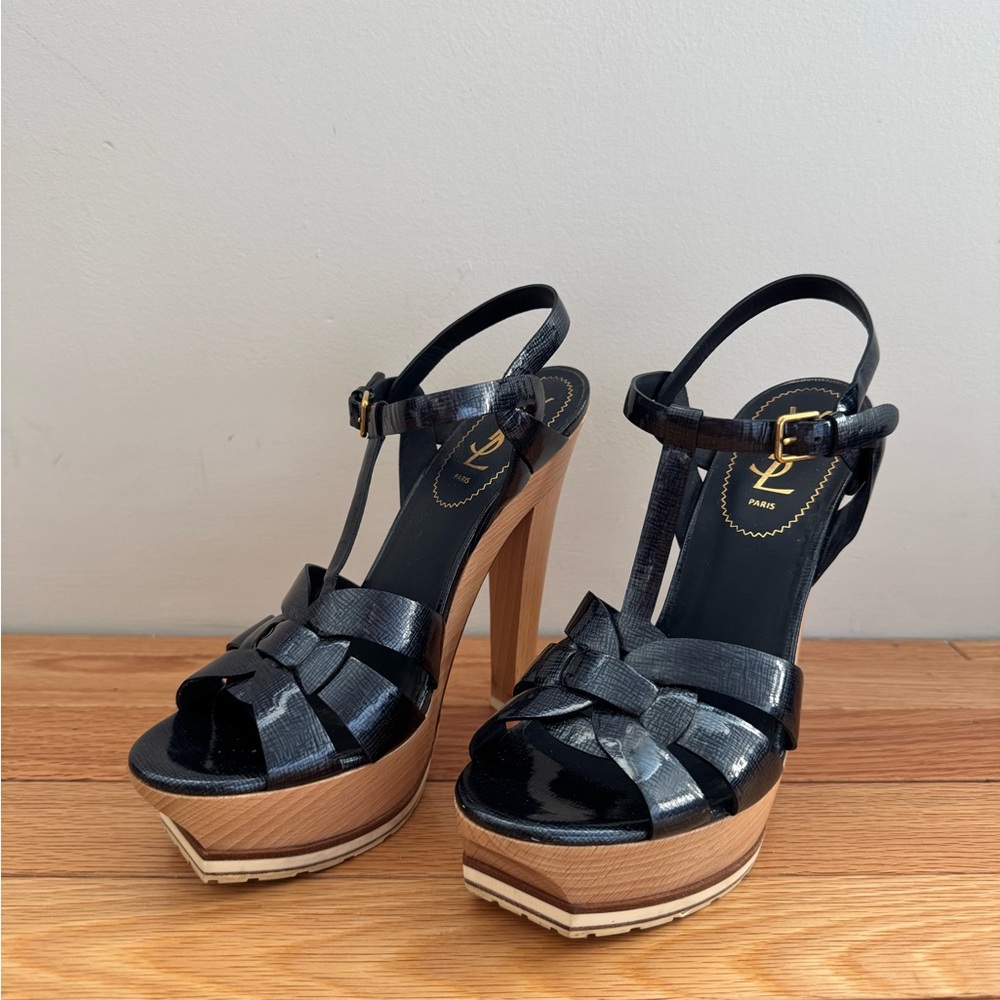 Yves Saint Laurent Tribute Sandal Glossy Blue Platform Heels size 39